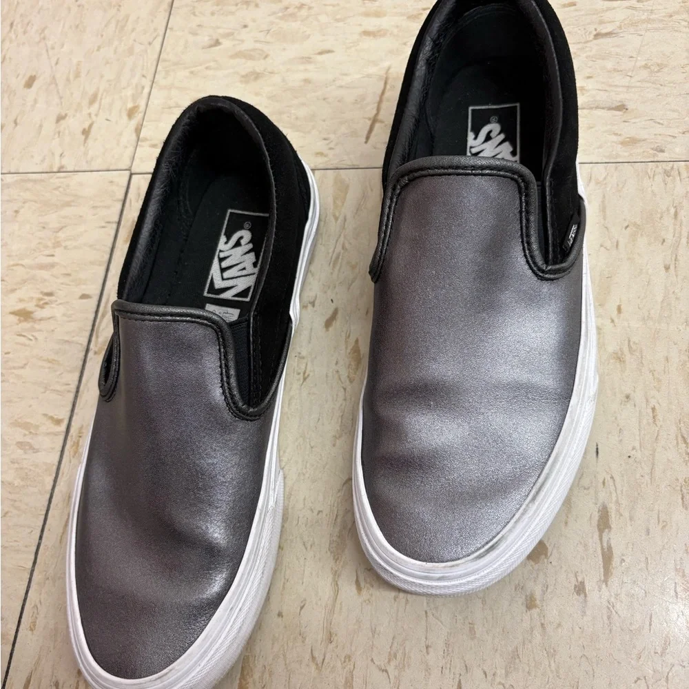 Vans Metallic Silver and Black Slip-Ons. SIZE  8.5